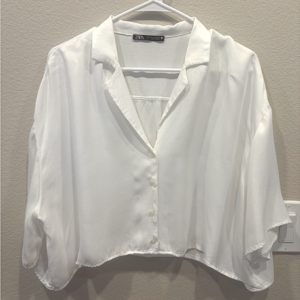 ZARA Flowy Button Down Crop Top - White - XS